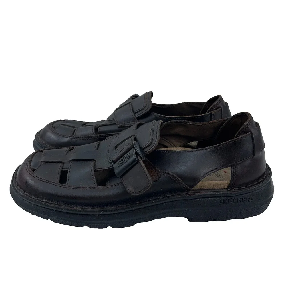 Vintage Y2K Sketchers Chunky Sandals Men 10 Brown Leather Fisherman Outdoor Boho